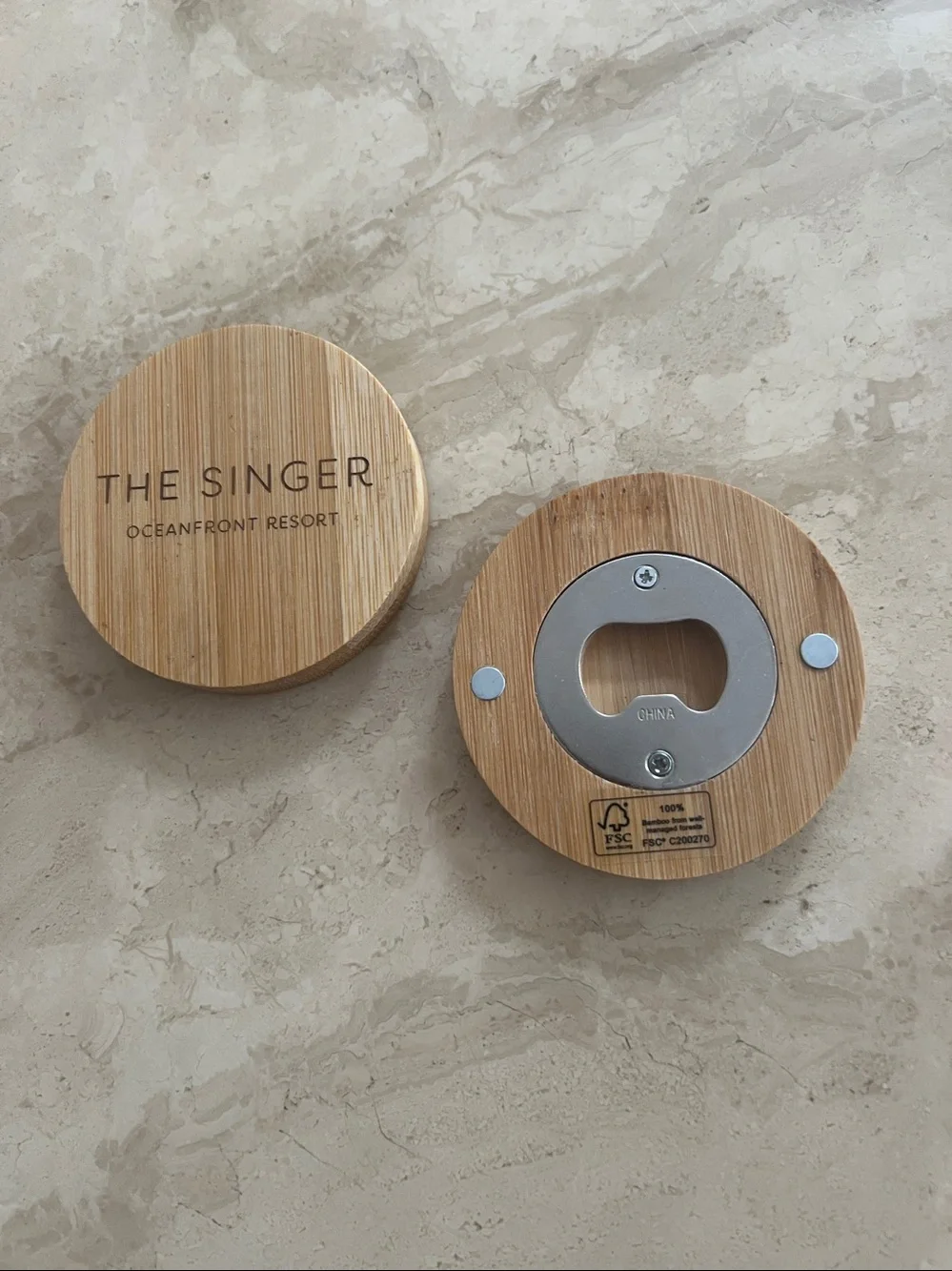 The Singer Oceanfront Resort Bamboo Coasters ,Bottle Opener, Stainless,Magnetic